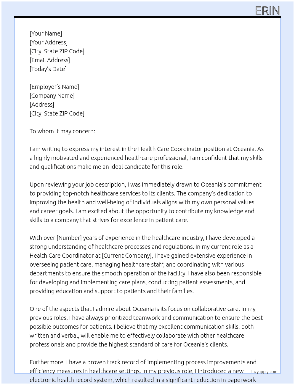 Health care coordinator  At Oceania Cover Letter