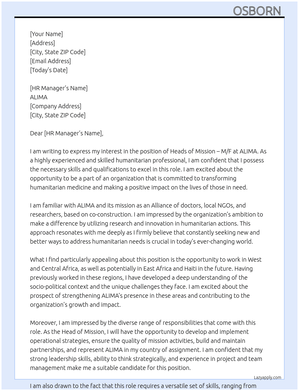 Heads of Mission - M/F At ALIMA Cover Letter