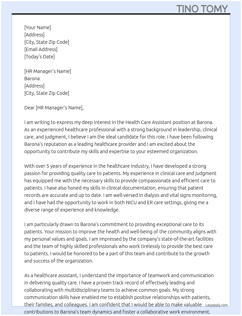 Health care assistant  At Barona Cover Letter