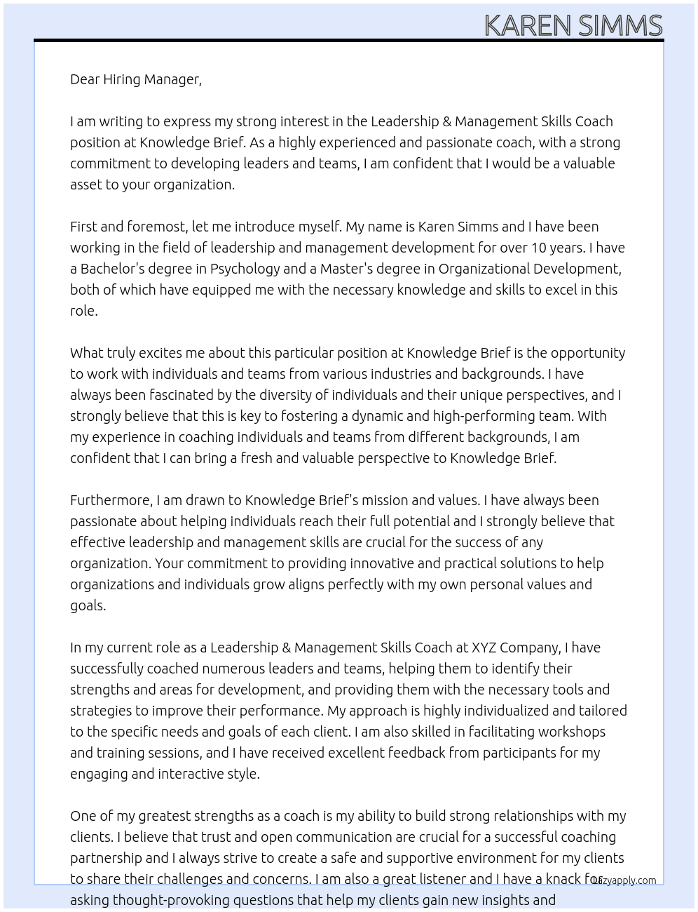 Leadership & Management Skills Coach At Knowledge Brief Cover Letter