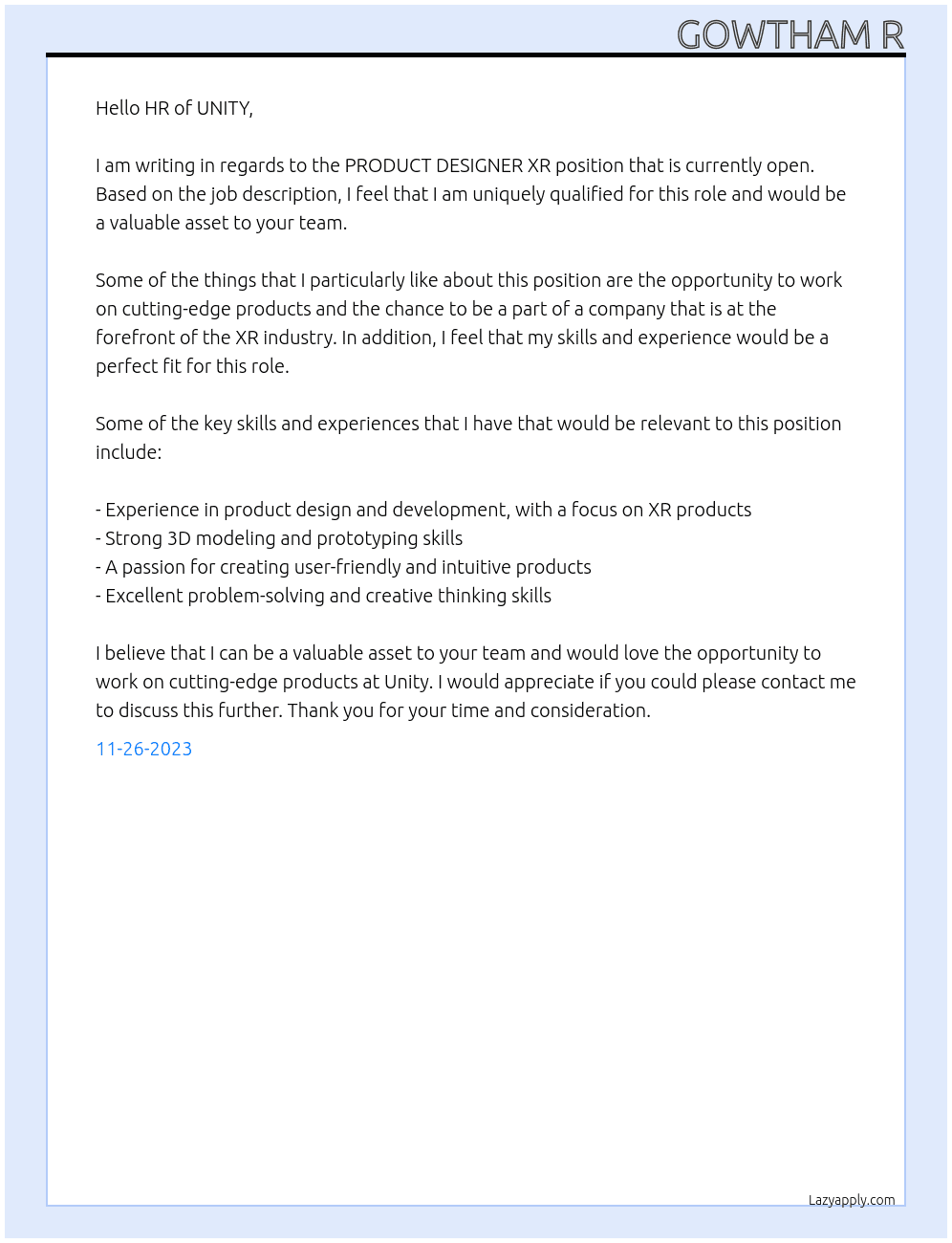 PRODUCT DESIGNER XR At UNITY Cover Letter