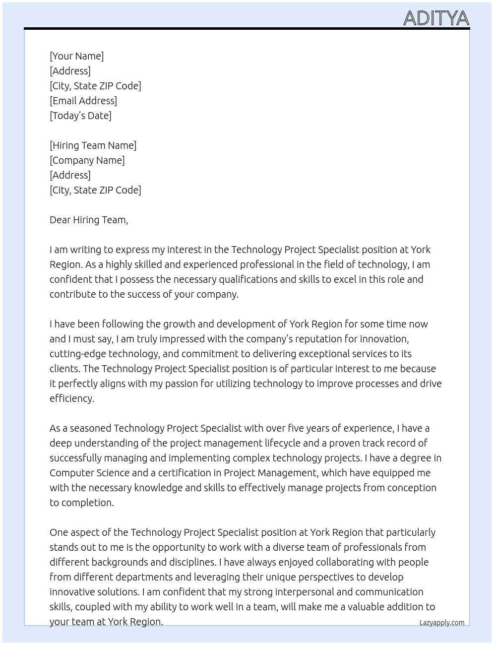 Technology Project Specialist At York Region Cover Letter