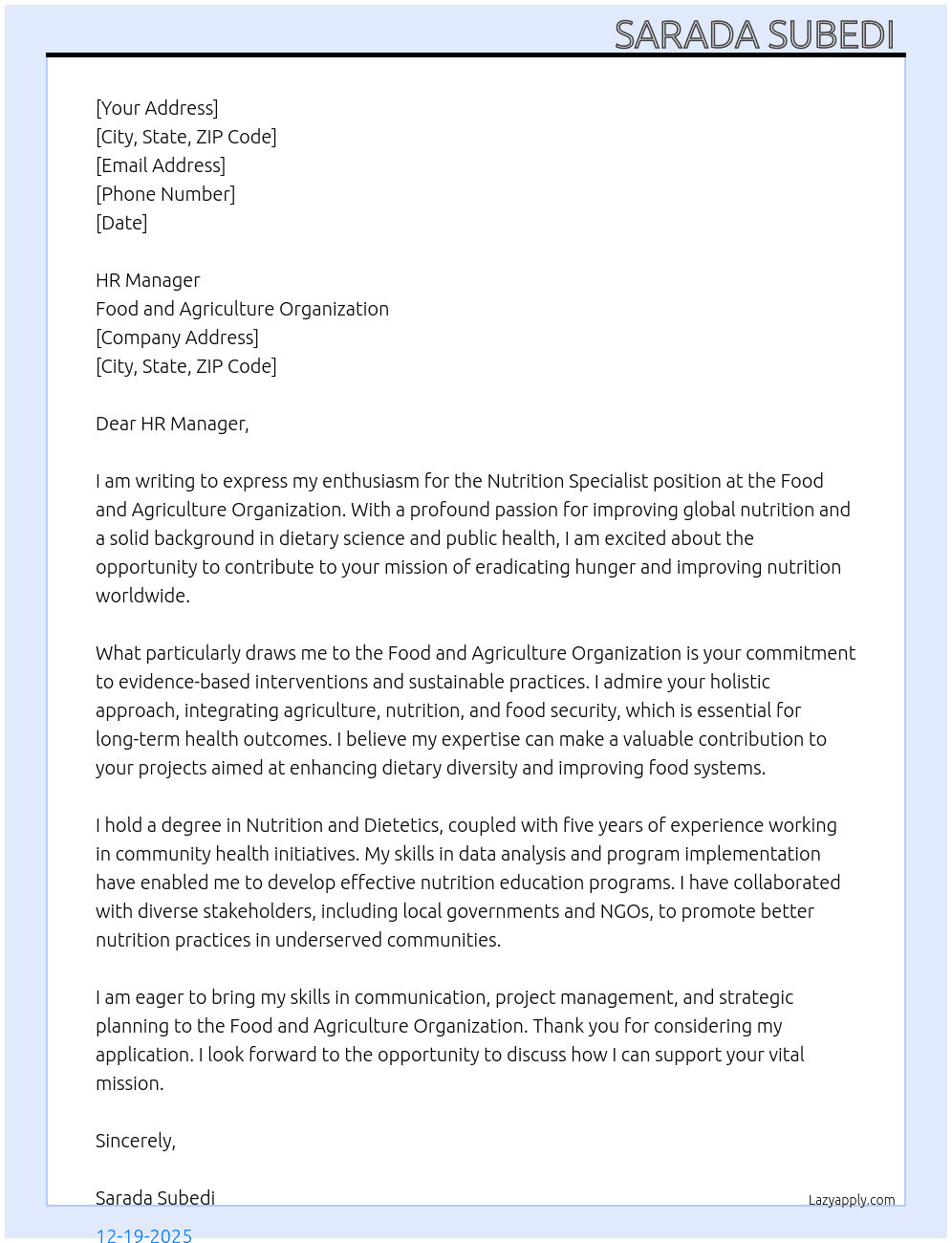 Cover letter for nutrition specialist - LazyApply