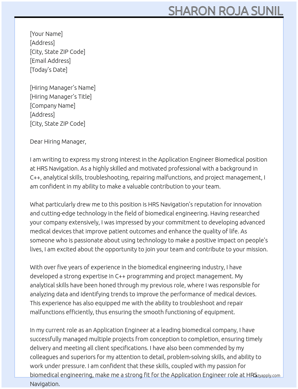 Application engineer Biomedical At HRS Navigation  Cover Letter