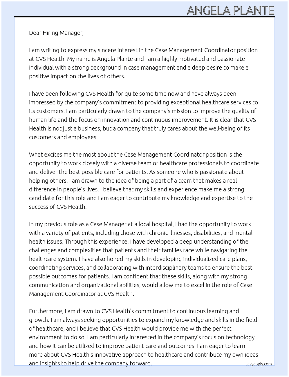 Case Management Coordinator At CVS Health Cover Letter