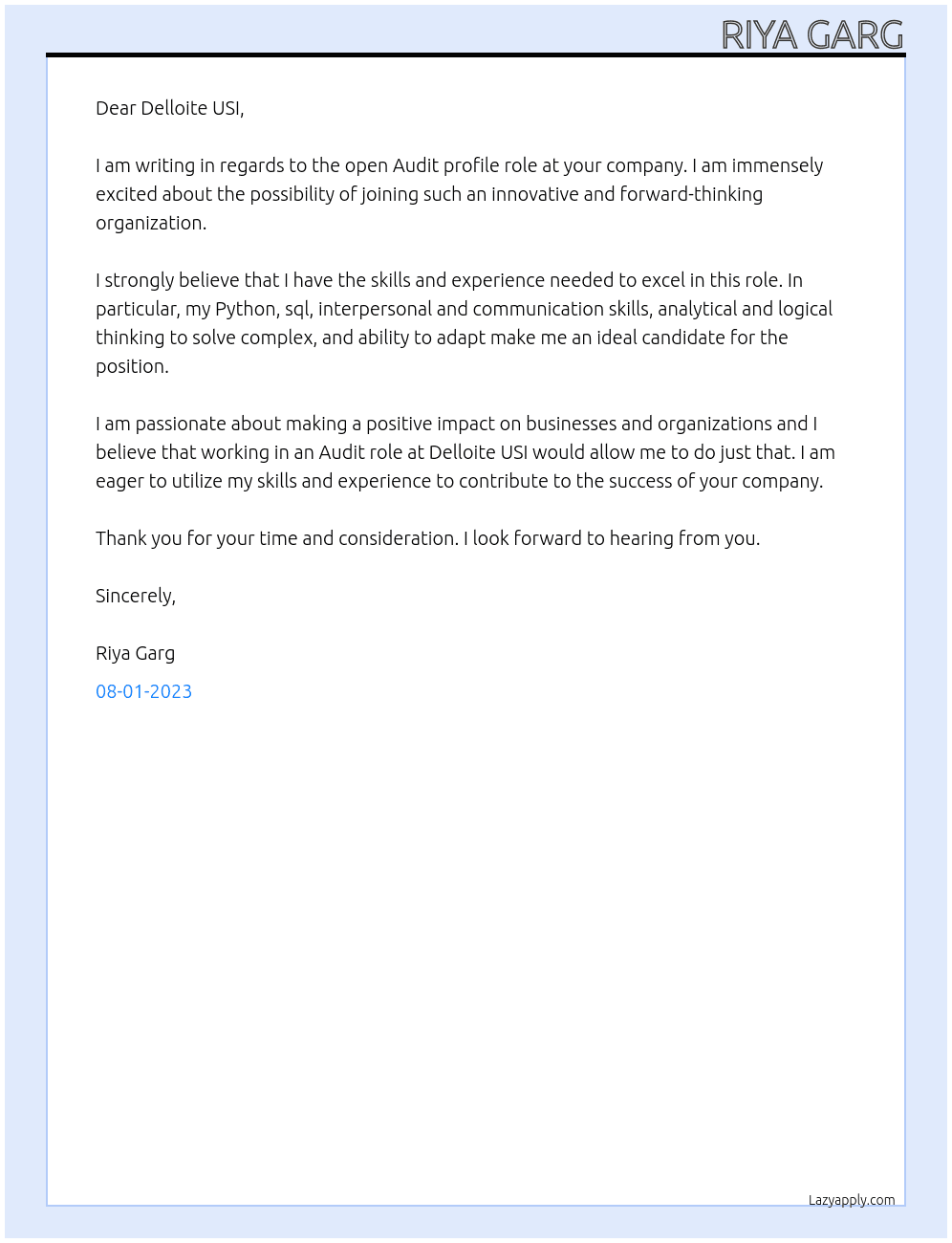 Audit profile At Delloite USI Cover Letter