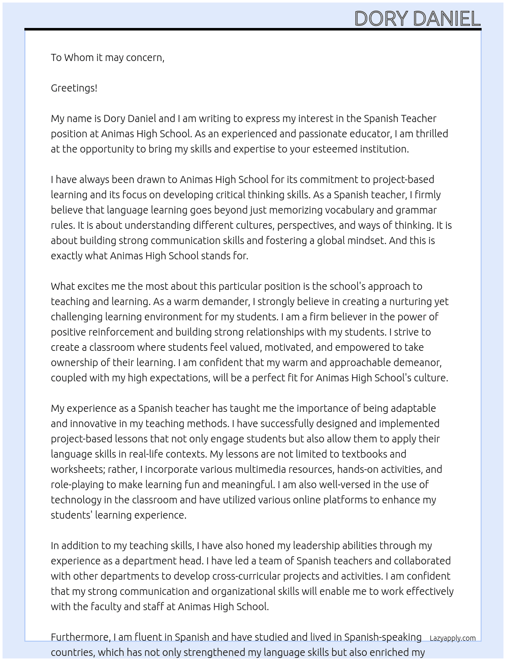 Spanish teacher At Animas High School Cover Letter