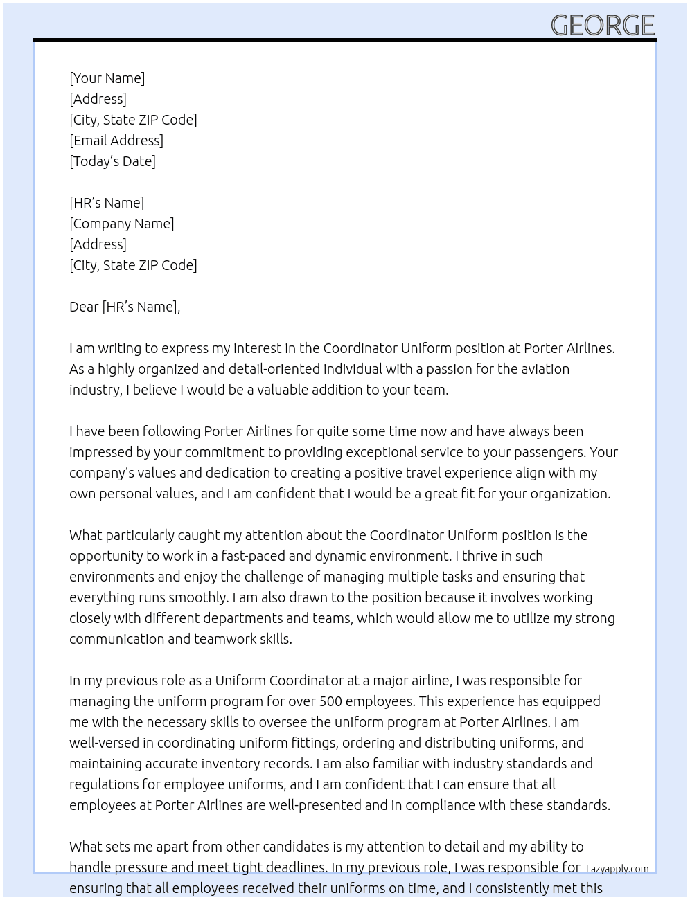 coordinator uniform At porter airlines Cover Letter