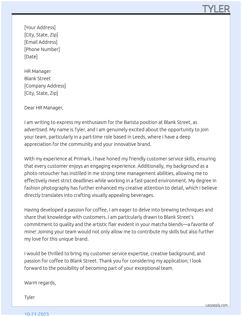 Barista At Blank Street Cover Letter