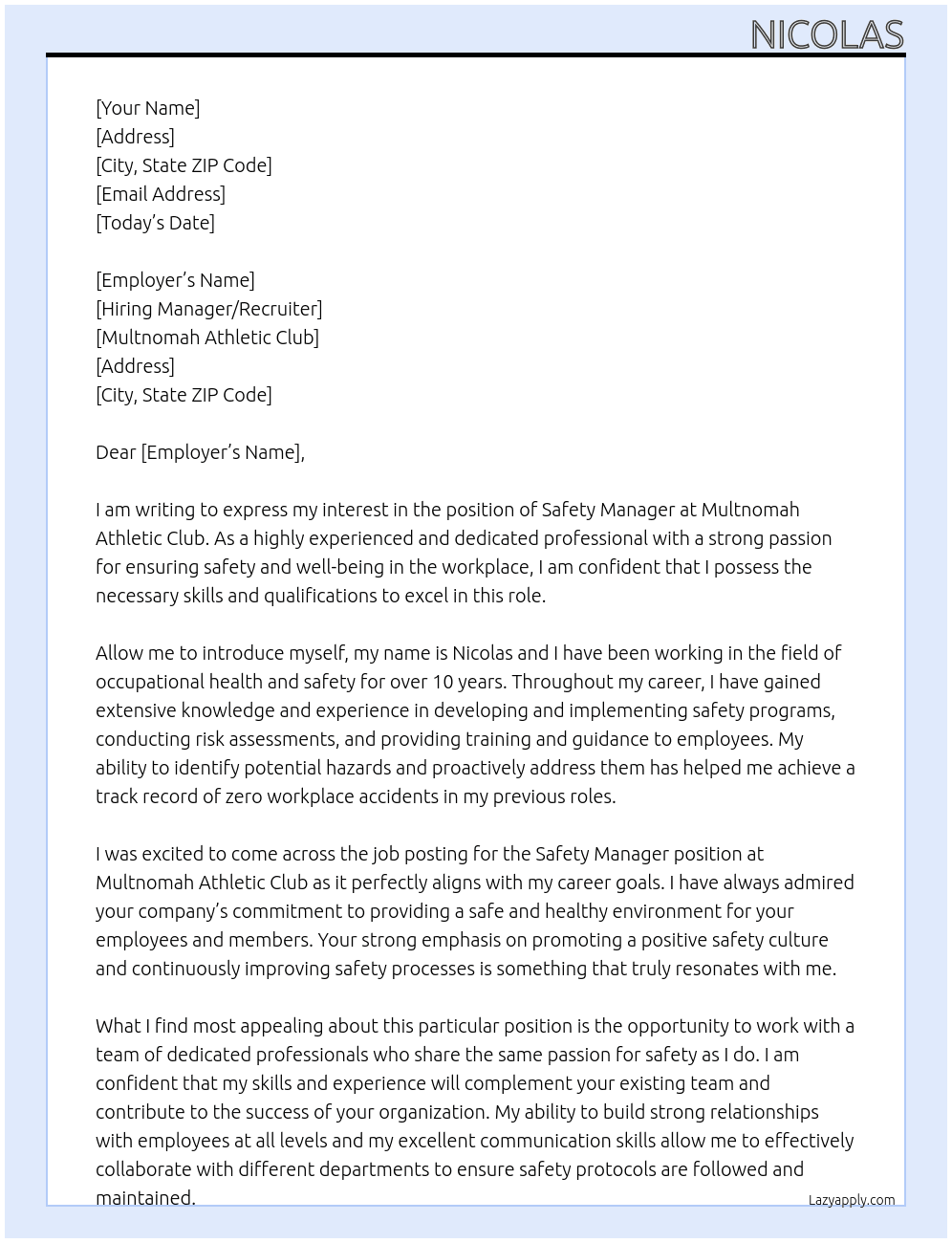 Safety Manager At Multnomah Athletic Club Cover Letter