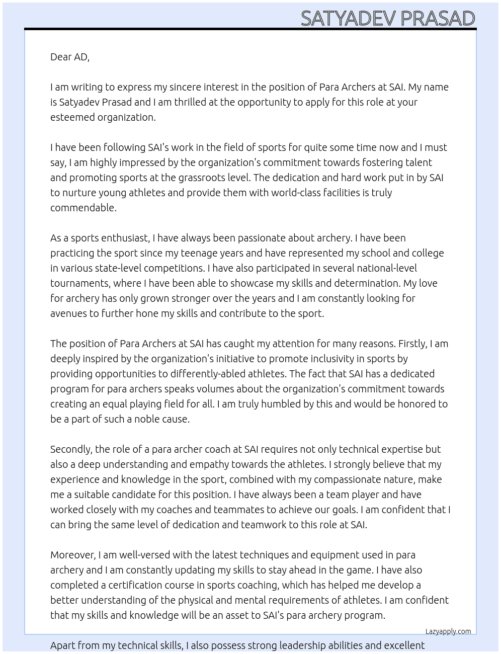 Para archers At SAI Cover Letter