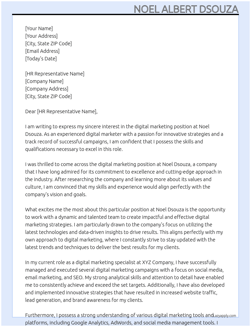 digital marketing At Noel Dsouza Cover Letter