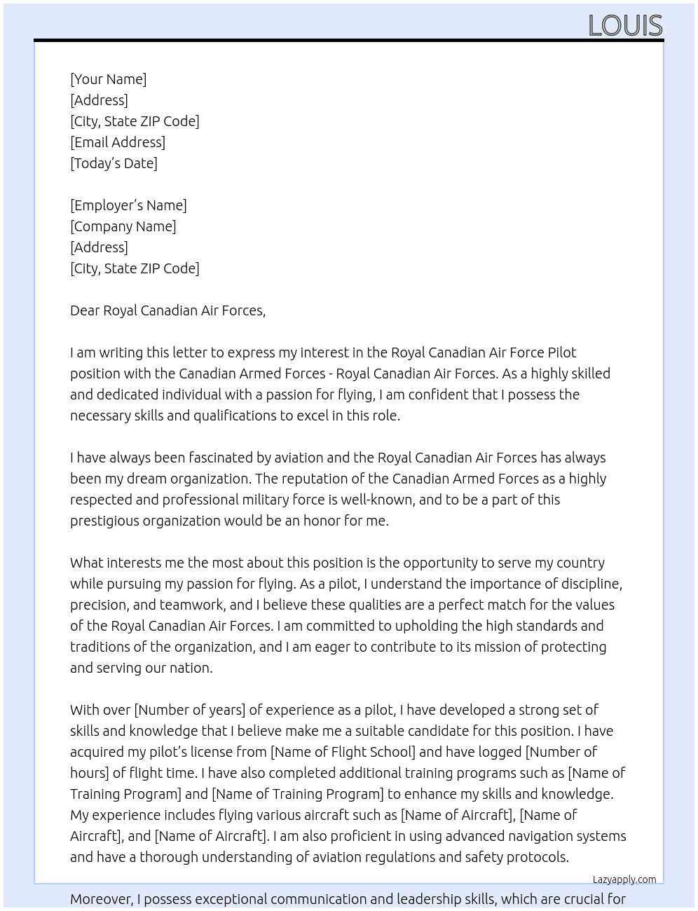 Royal Canadian Air Force Pilot At Canadian Armed Forces - Royal Canadian Air Forces Cover Letter