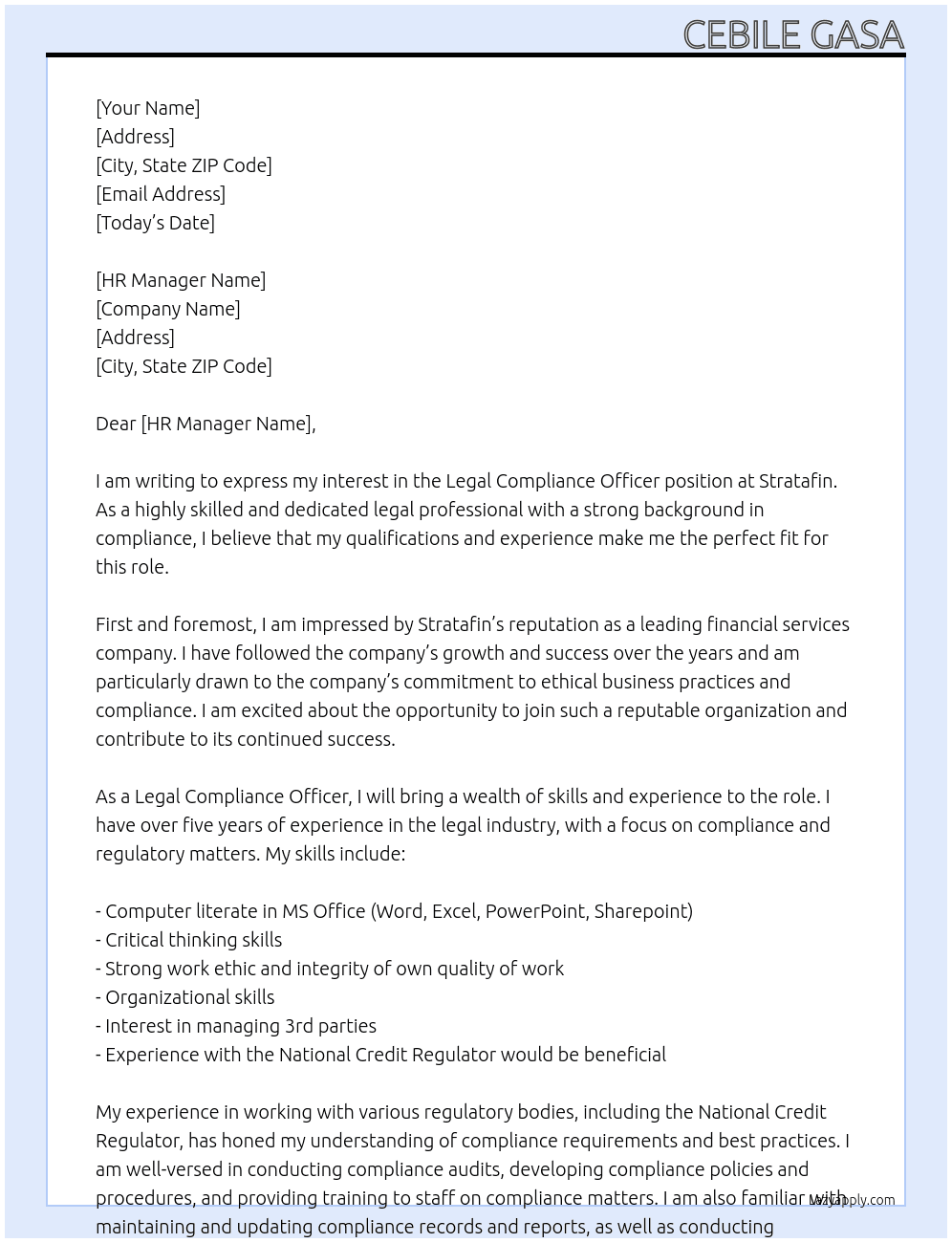 Legal compliance officer  At Stratafin  Cover Letter
