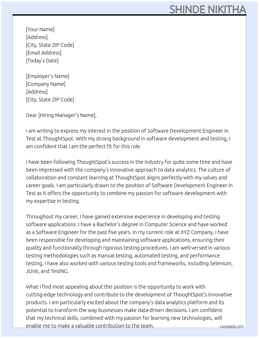 Software Development Engineer In Test At ThoughtSpot Cover Letter