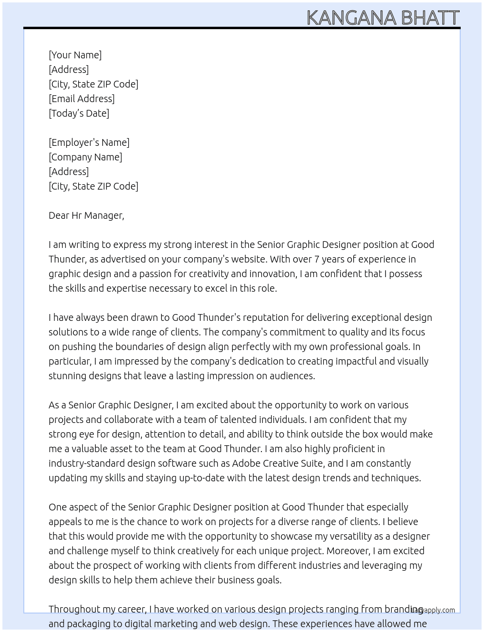 Senior Graphic Designer At Good Thunder Cover Letter