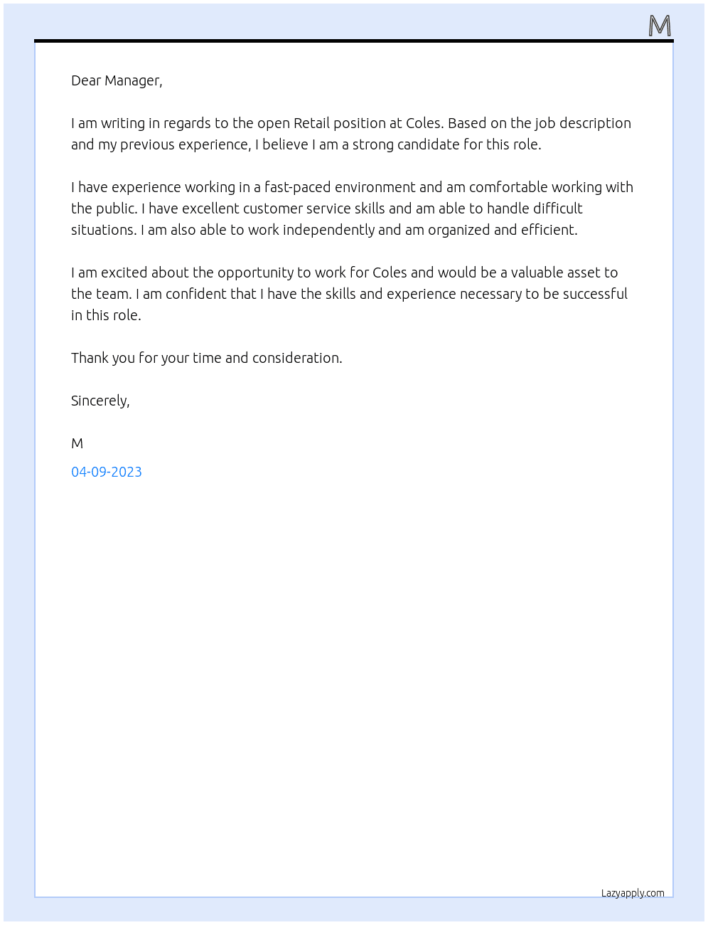 Retail  At Coles  Cover Letter