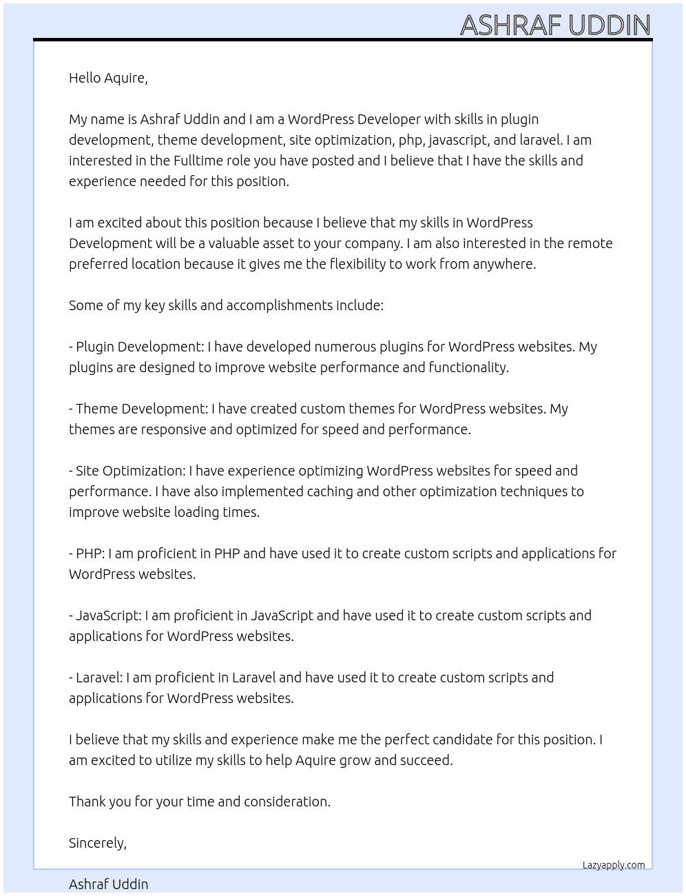 WordPress Developer At Aquire Cover Letter