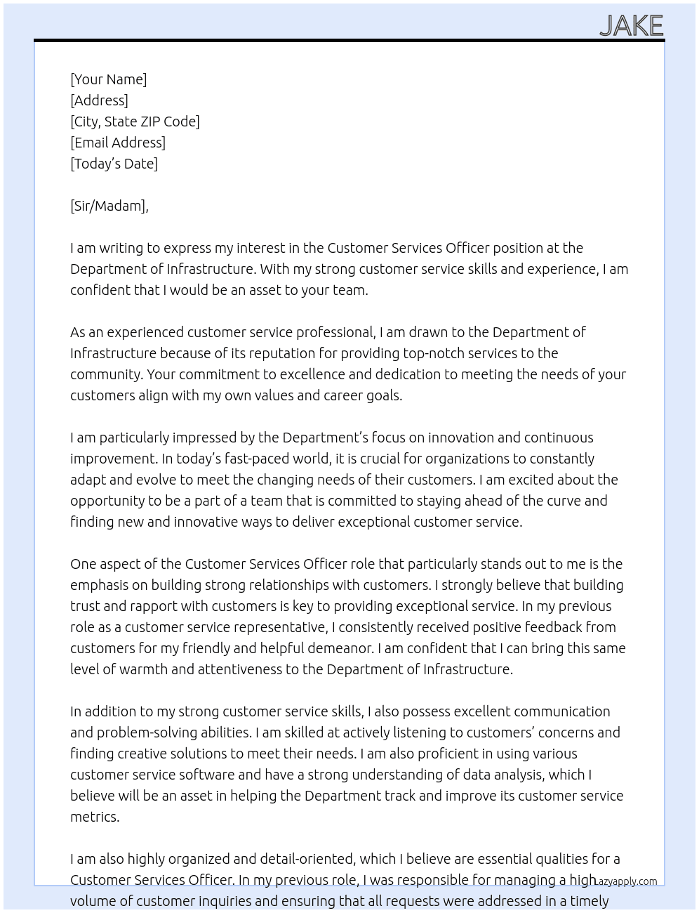 Customer Services Officer At Department of Infrastructure Cover Letter