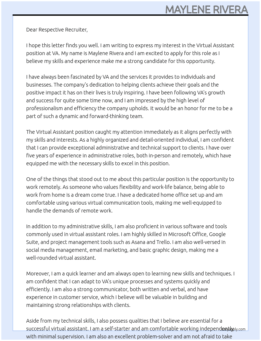 Virtual Assistant At VA Cover Letter