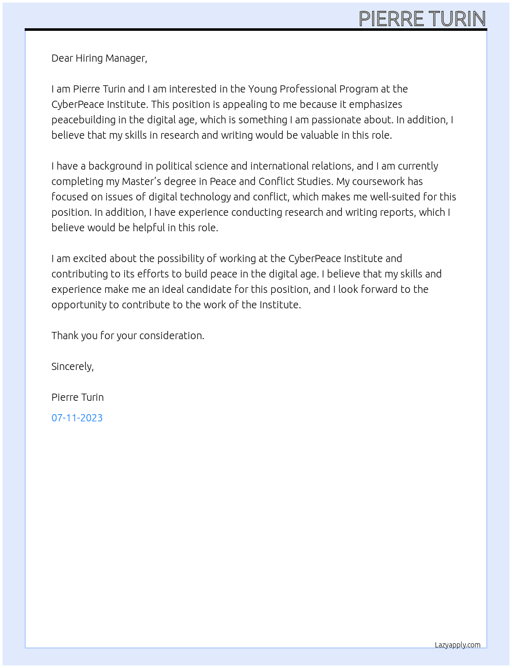 Young Professional Program At CyberPeace Institute Cover Letter