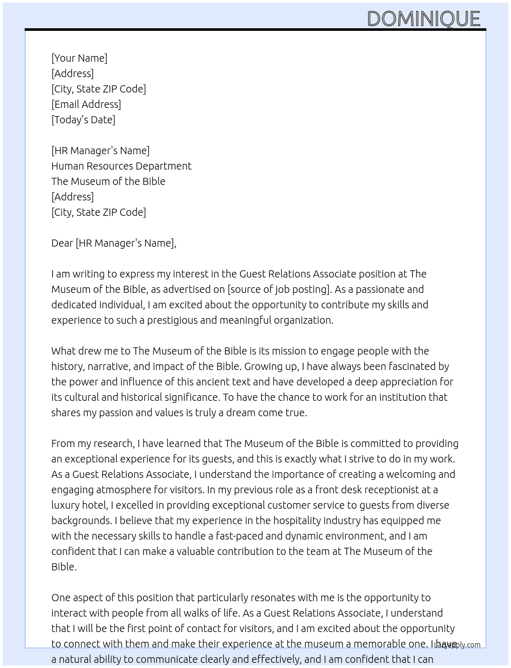 Guest Relations Associate  At The Museum of the Bible Cover Letter