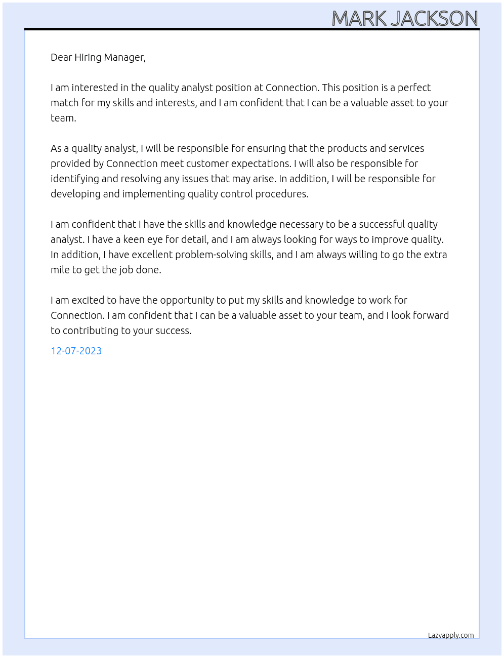 quality analyst  At connection  Cover Letter