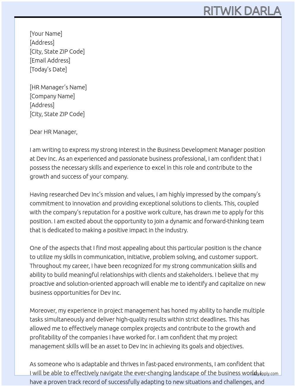Business Development Manager At Dev Inc Cover Letter