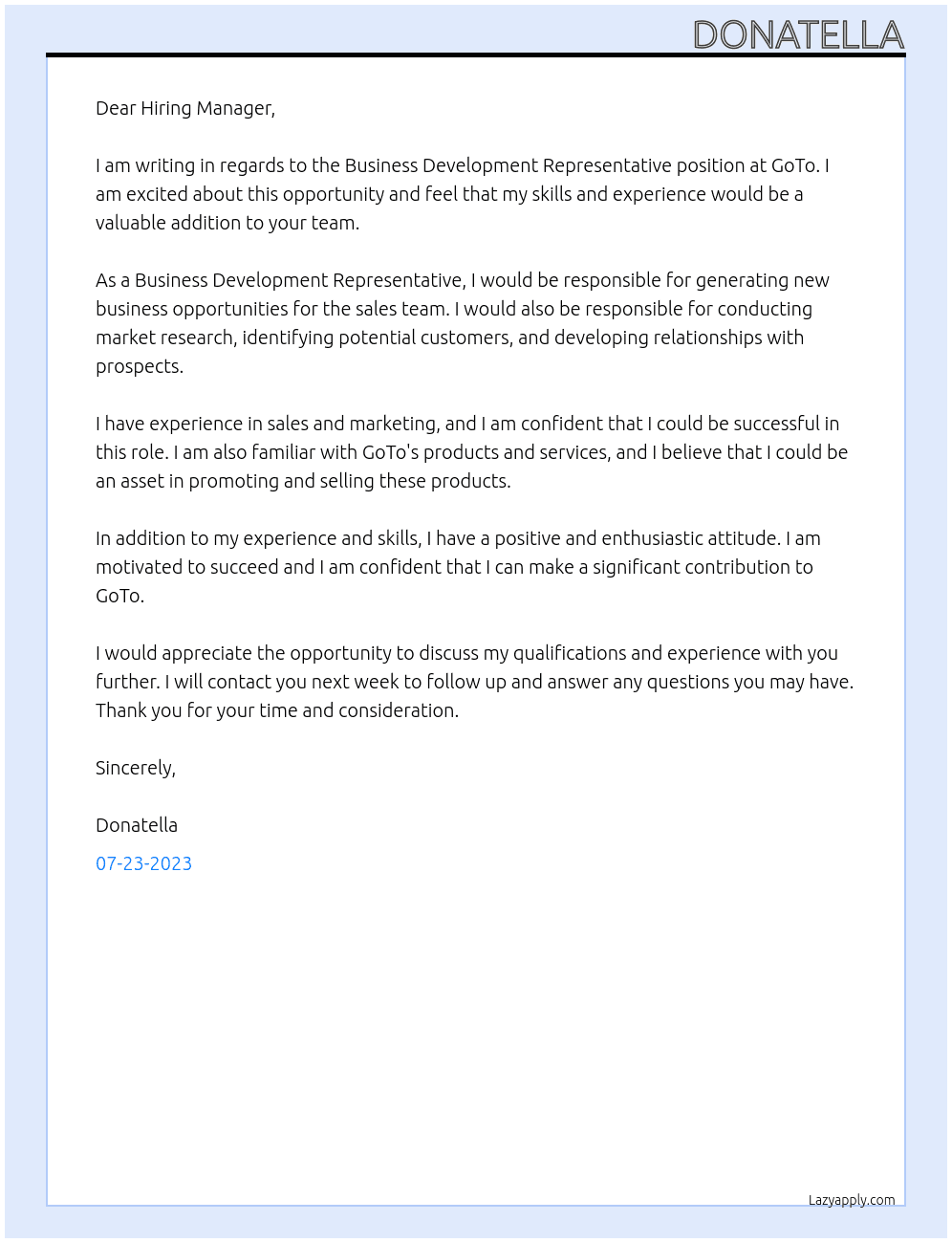 Business Development Representative At GoTo Cover Letter