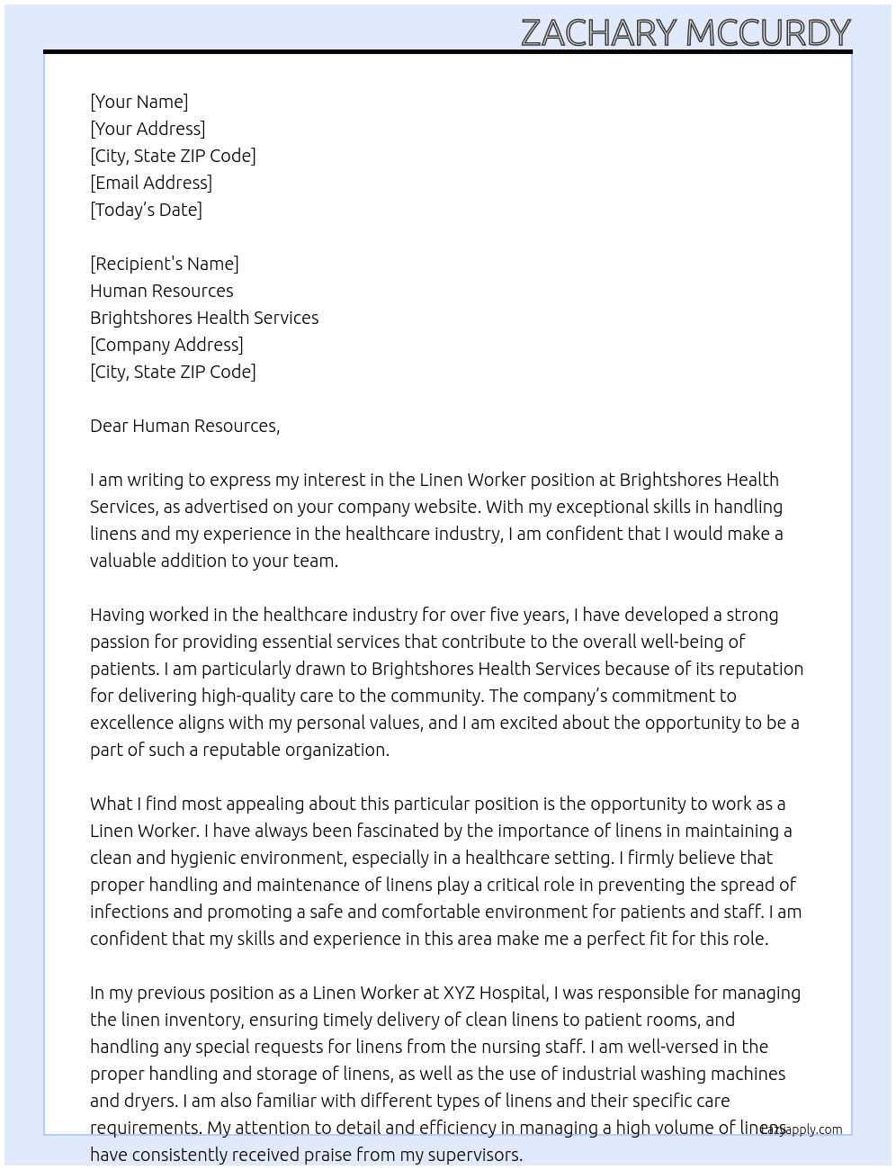 Linen Worker At Brightshores Health Services Cover Letter