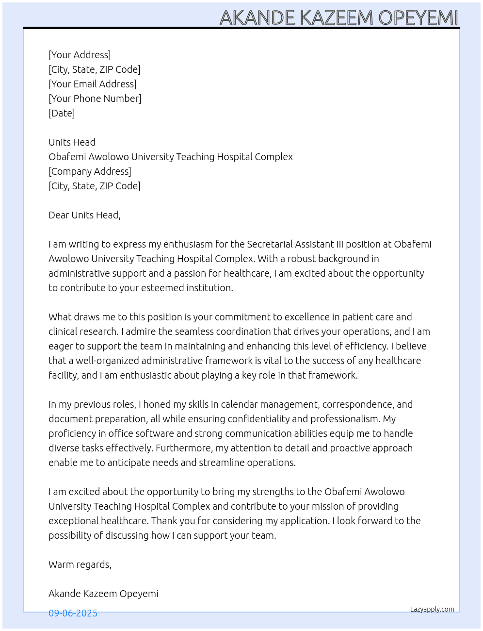 Secretarial Assistant III At Obafemi Awolowo University Teaching Hospital Complex Cover Letter