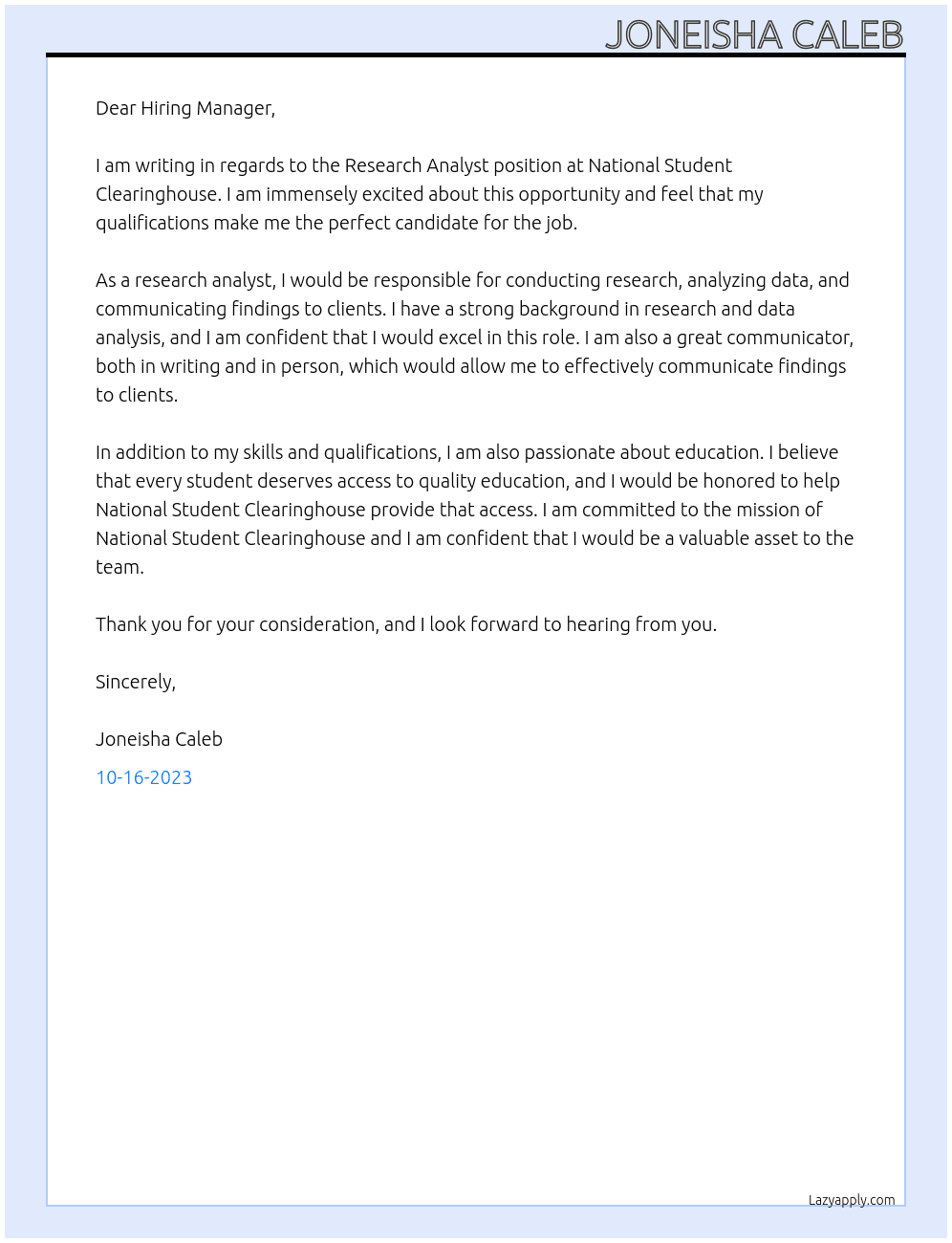 Research Analyst At National Student Clearinghouse Cover Letter