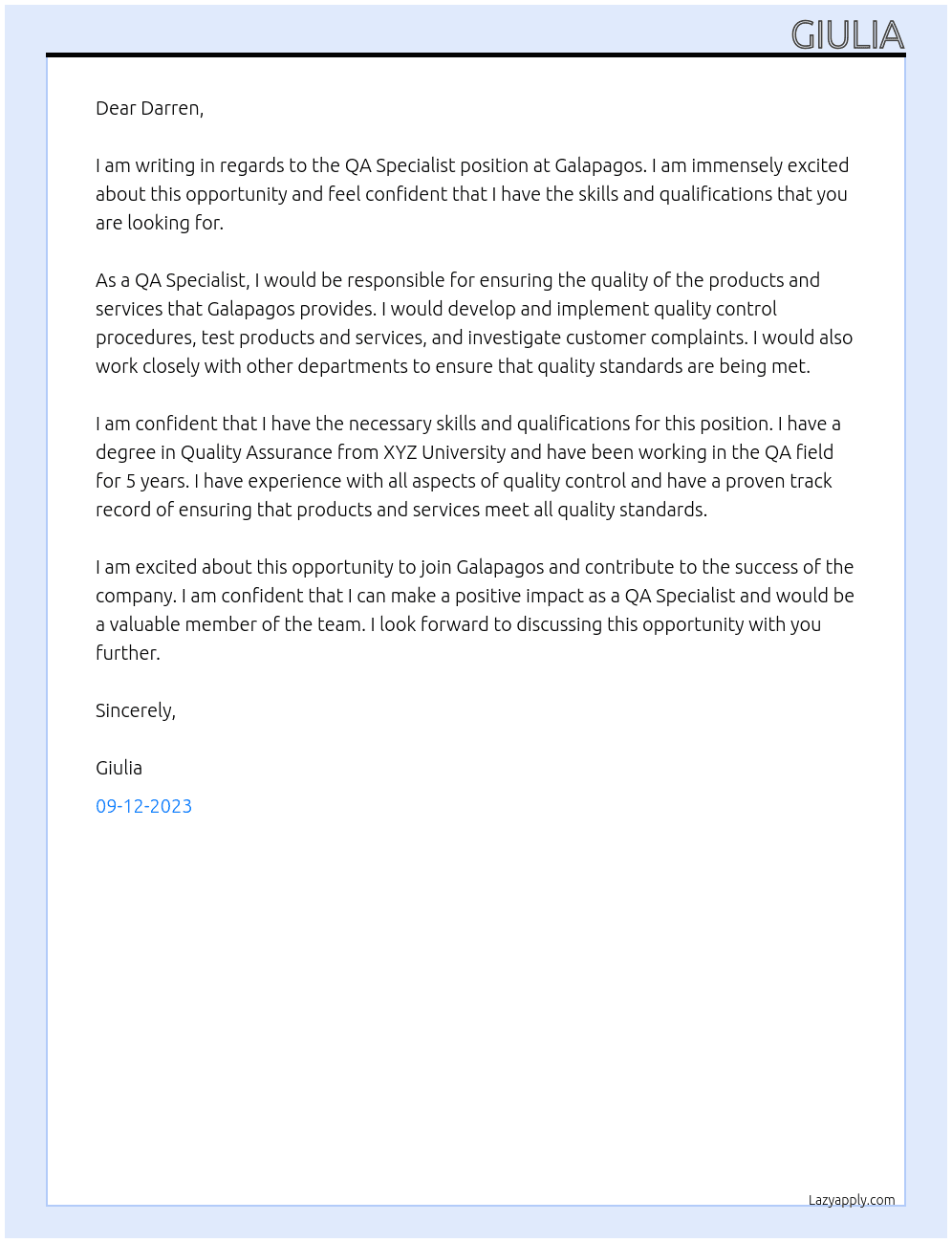 QA specialist At Galapagos Cover Letter