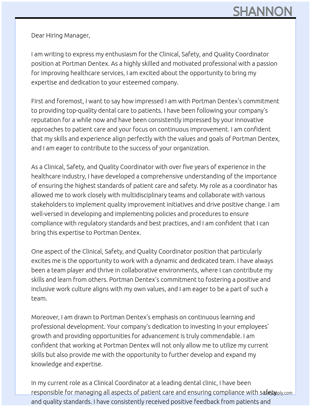 Clinical,safety and quality coordinator At Portman Dentex Cover Letter