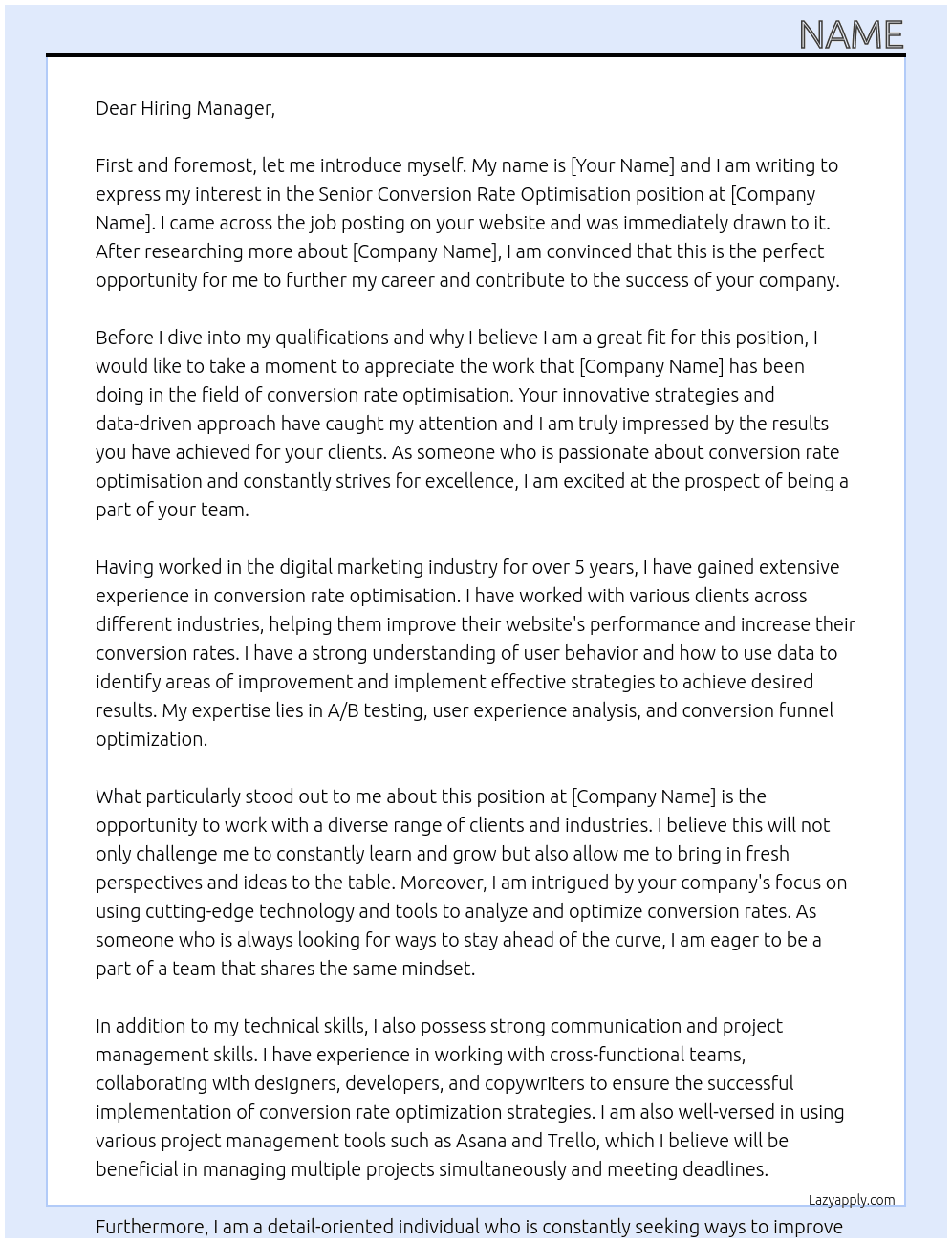 Senior Conversion Rate Optimisation At conversion Cover Letter