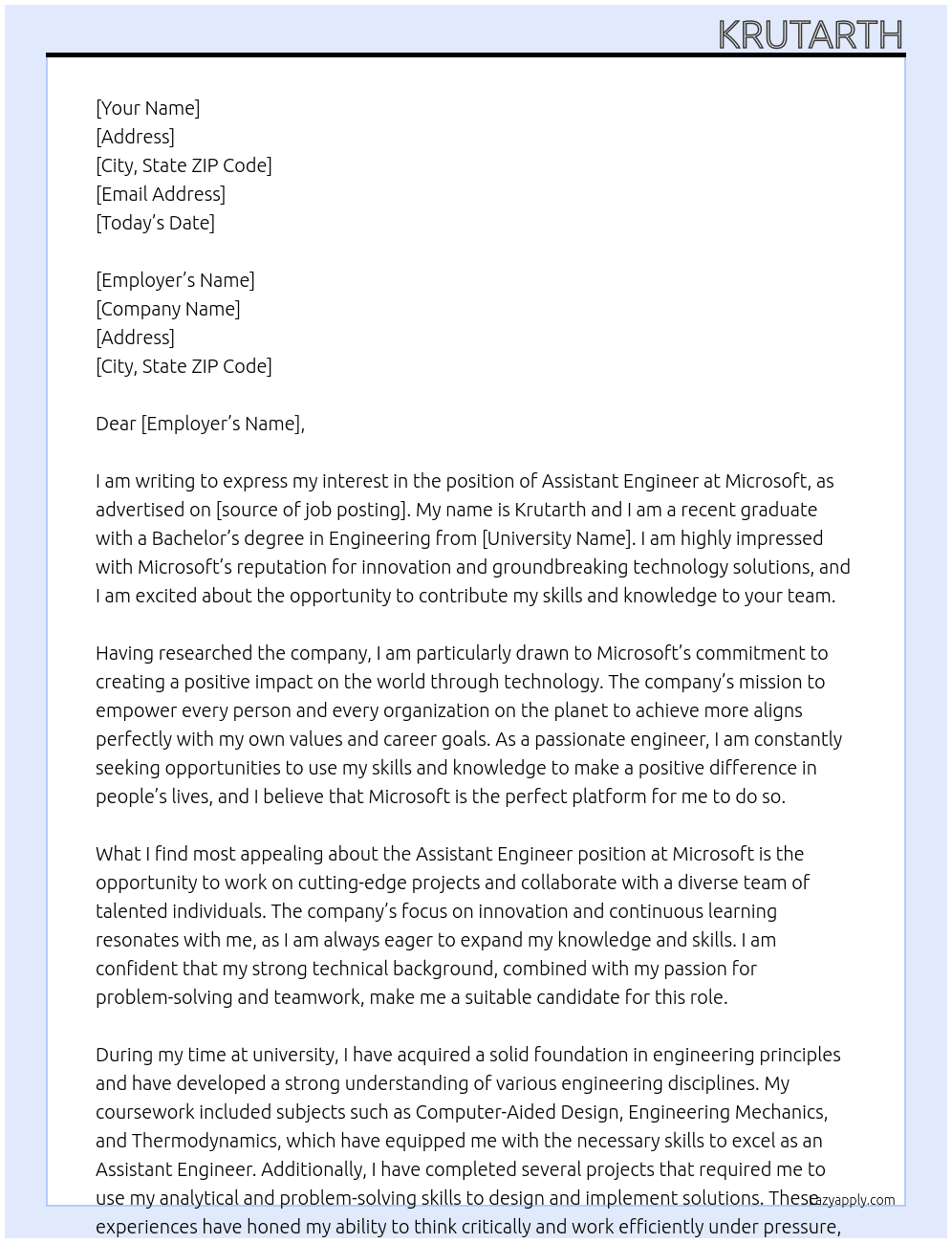 assistant engineer At microsoft  Cover Letter