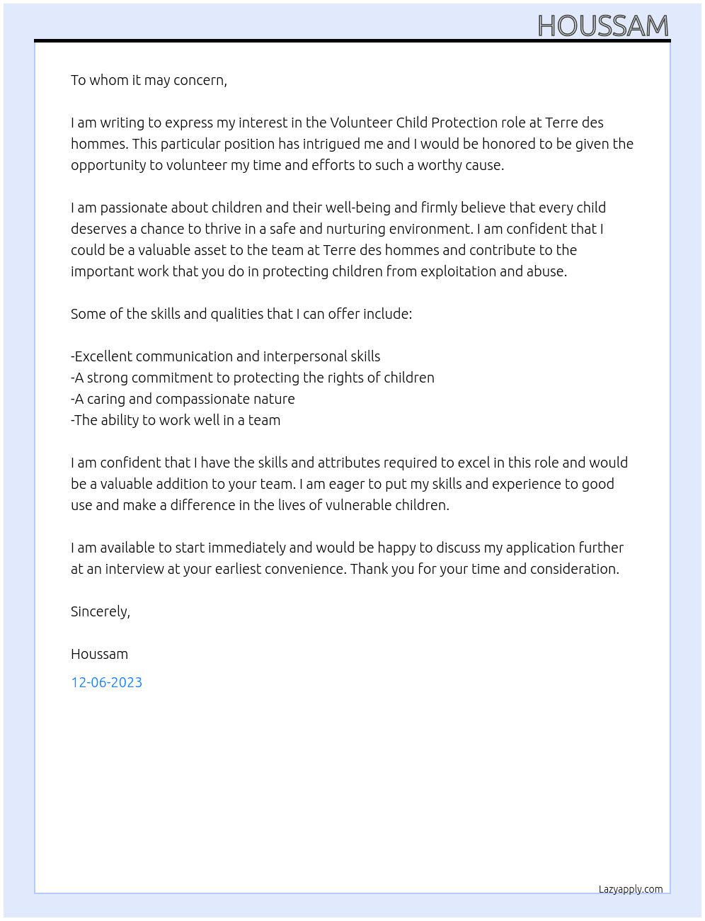 Volunteer Child protection At Terre des hommes  Cover Letter