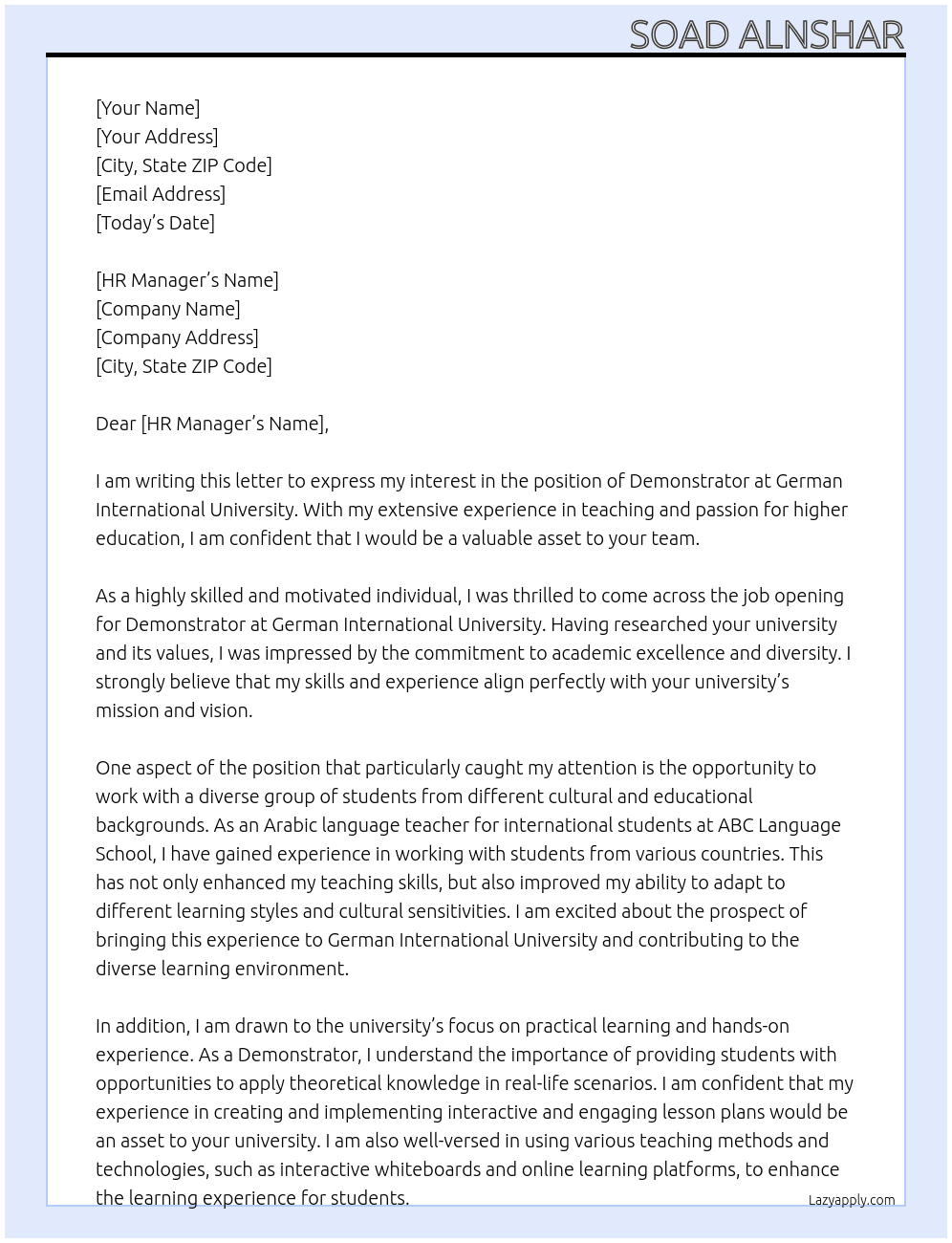 Demonstrator  At German International University  Cover Letter