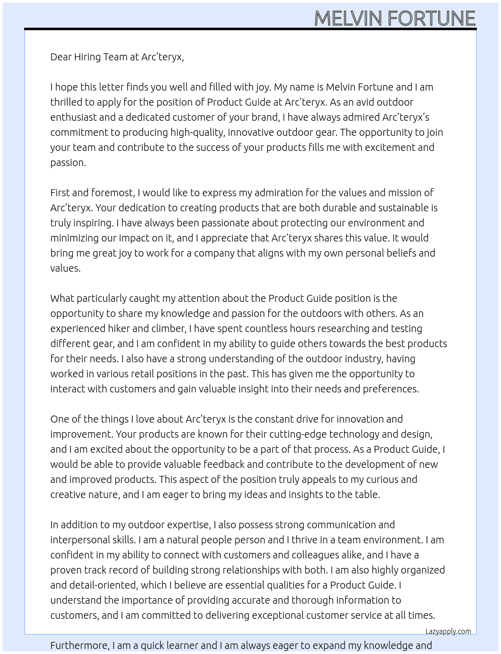 Product guide  At Arc’teryx  Cover Letter