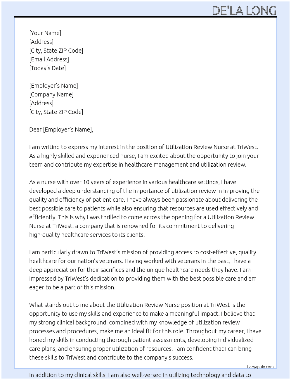 Utilization Review Nurse At TriWest Cover Letter