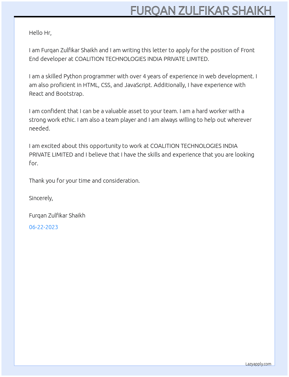 Front End developer  At COALITION TECHNOLOGIES INDIA PRIVATE LIMITED Cover Letter