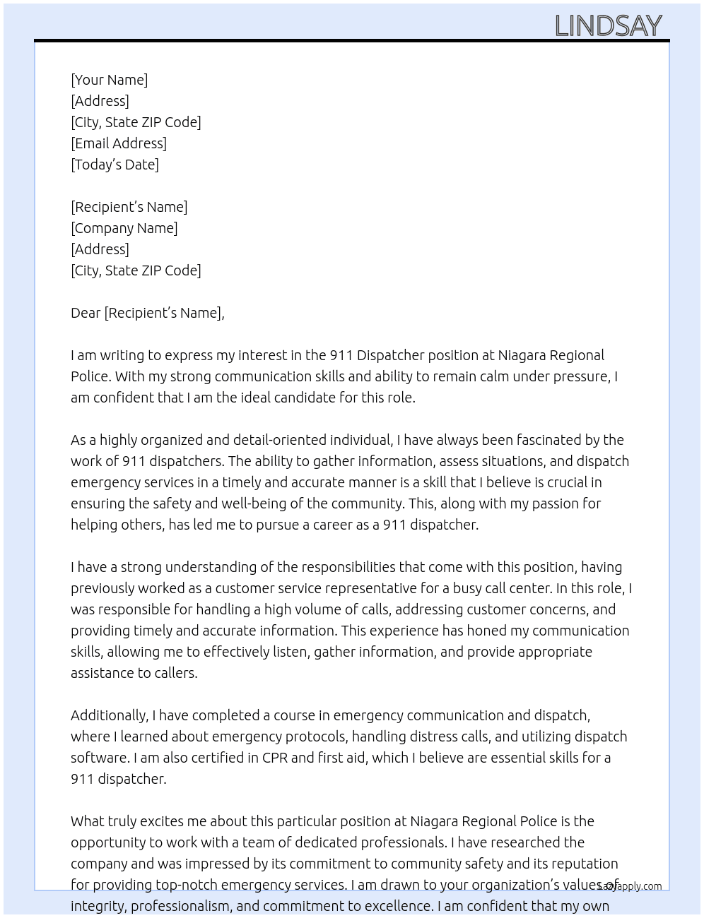 911 dispatcher  At Niagara Regional Police Cover Letter
