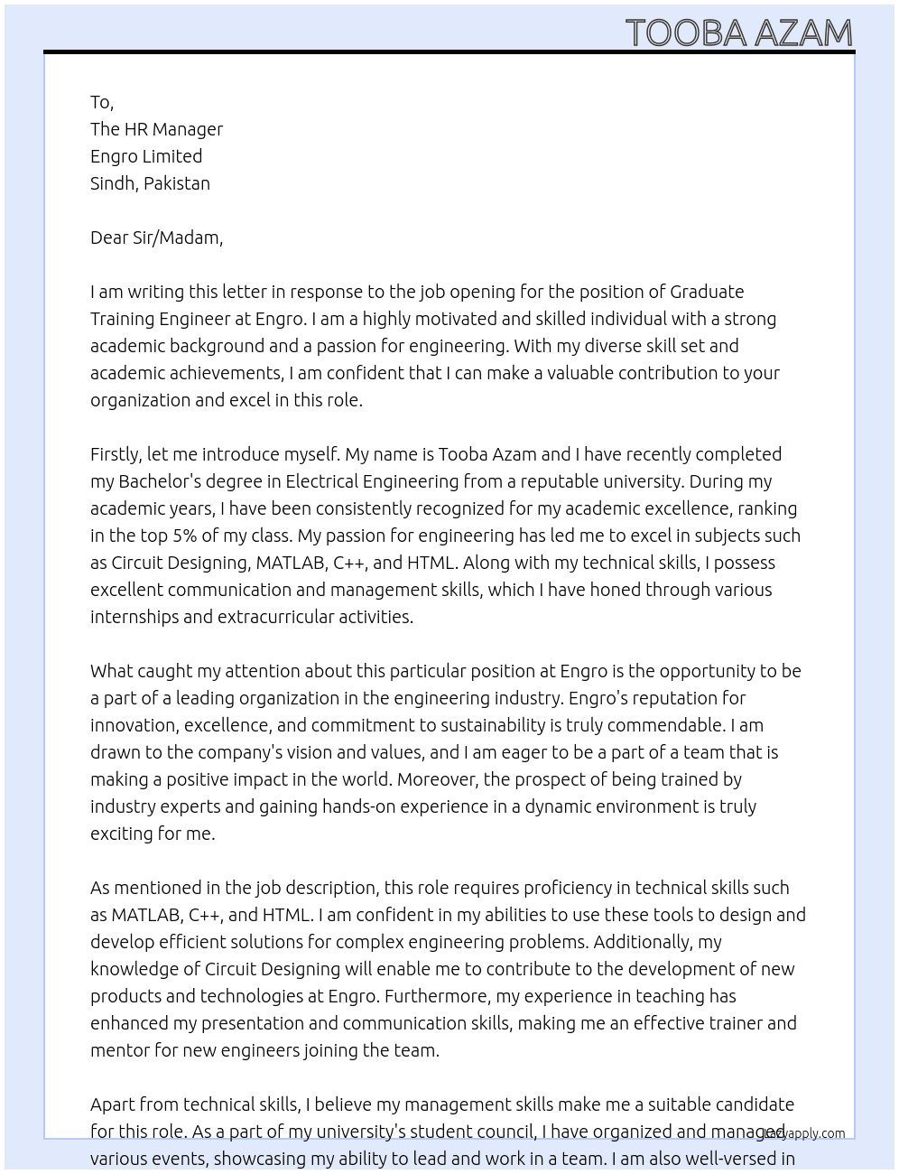 Graduate  Training Engineer At Engro Cover Letter
