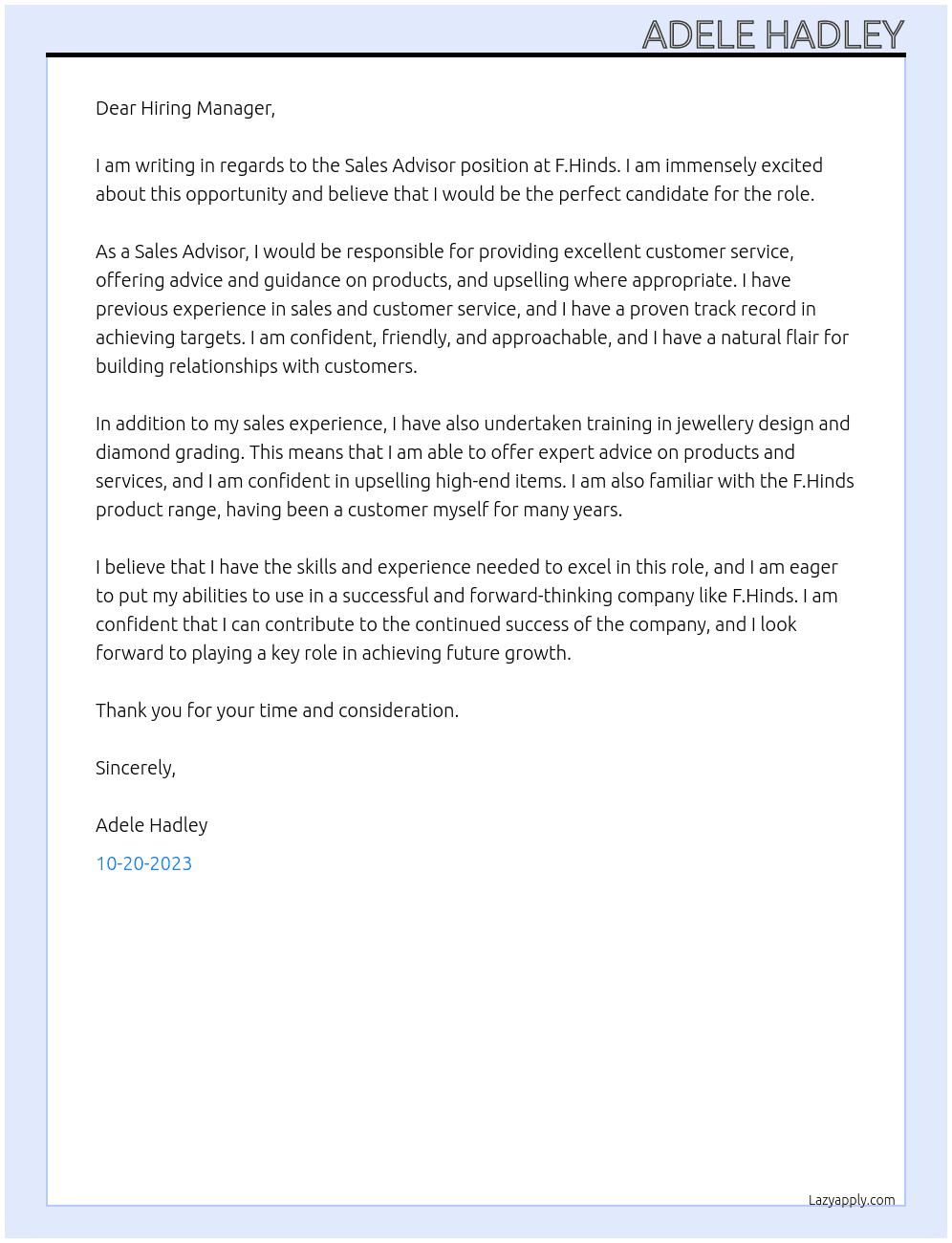 Sales Advisor At F.Hinds Cover Letter