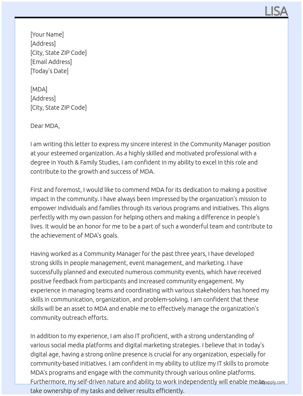 Community Manager At MDA Cover Letter