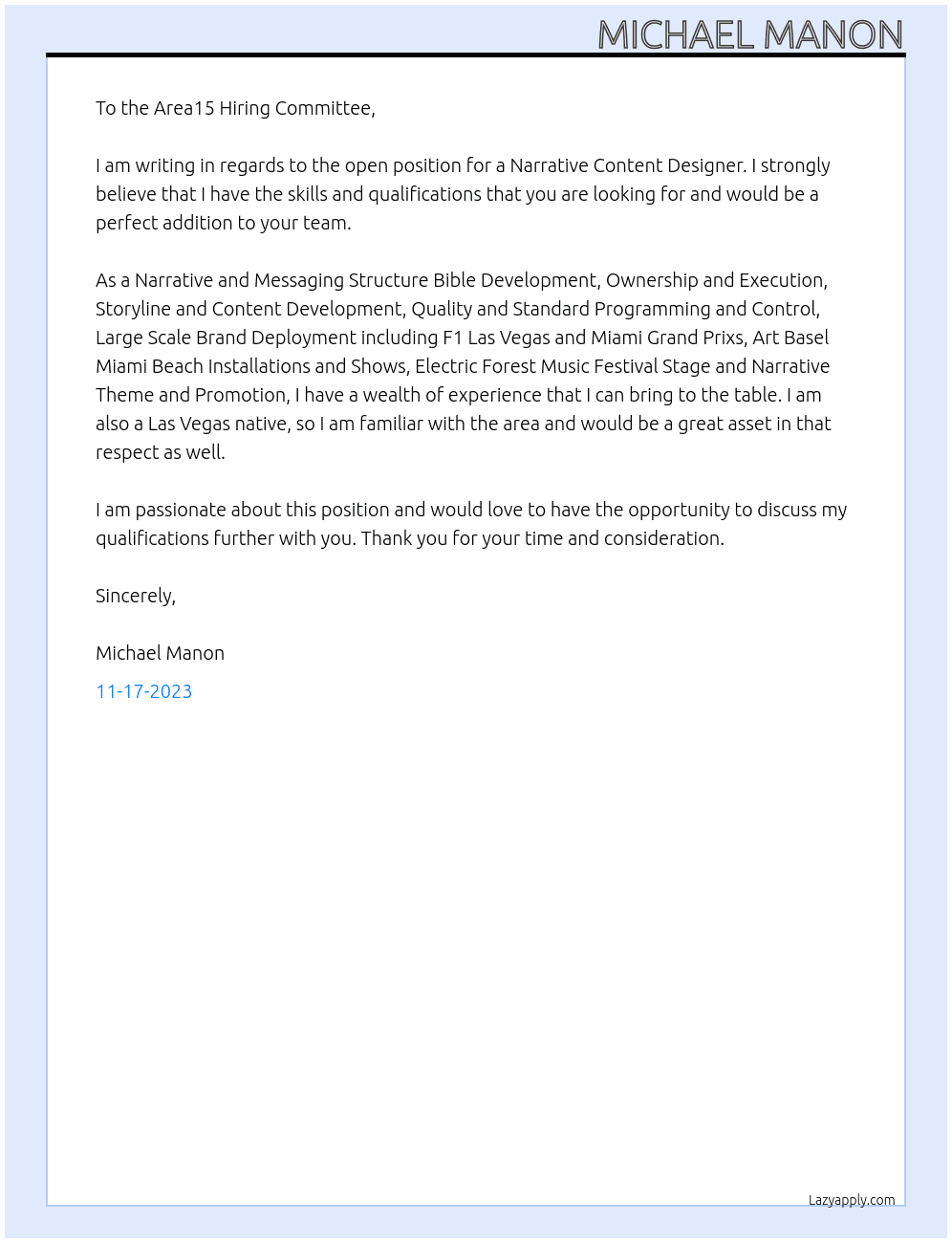 Narrative Content Designer At Area15 Cover Letter