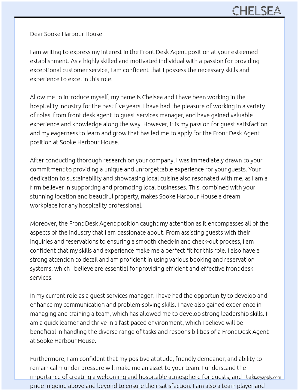 Front desk agent  At Sooke harbour house  Cover Letter
