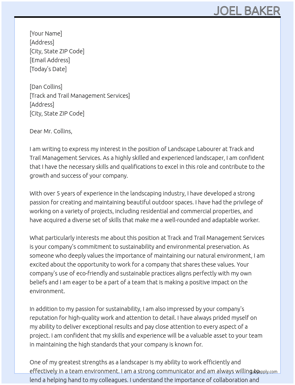 landscape labourer At track and trail management services Cover Letter
