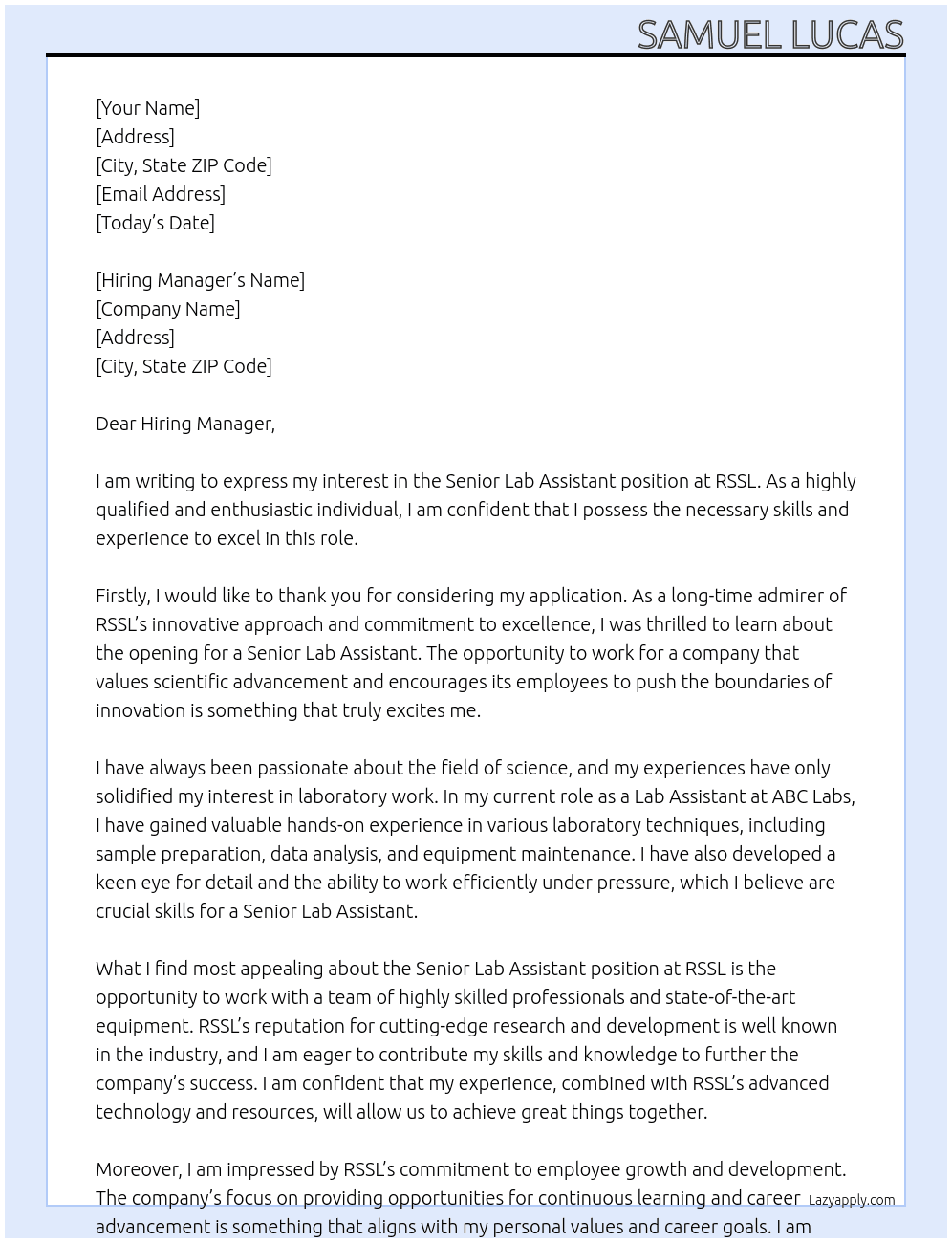 Senior Lab Assistant At RSSL Cover Letter