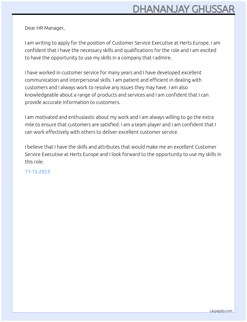 Customer service executive At Herts Europe Cover Letter